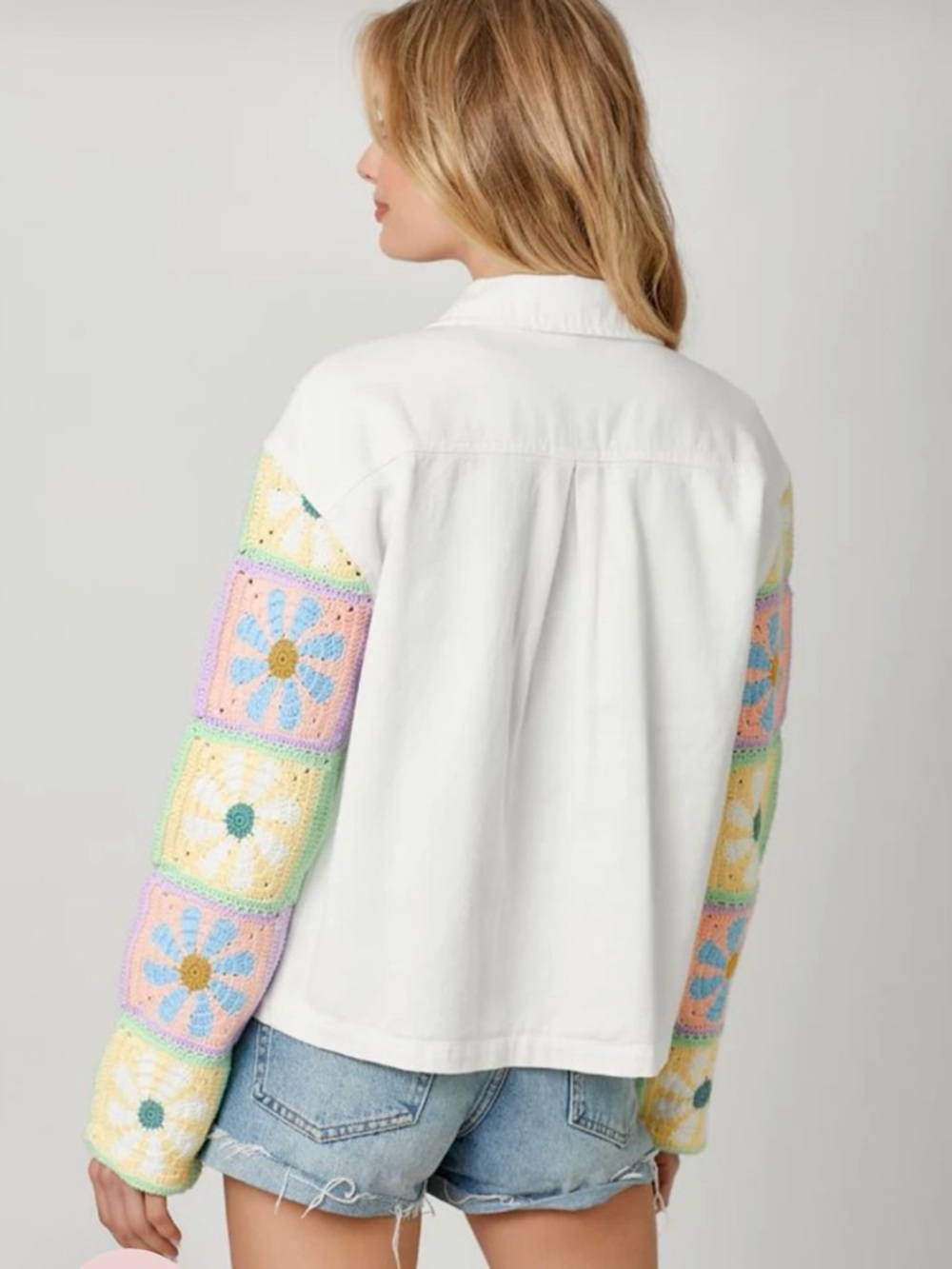 Mystree White jean Jacket with Pastel Crochet Sleeve Accents nwt - Picture 3 of 3